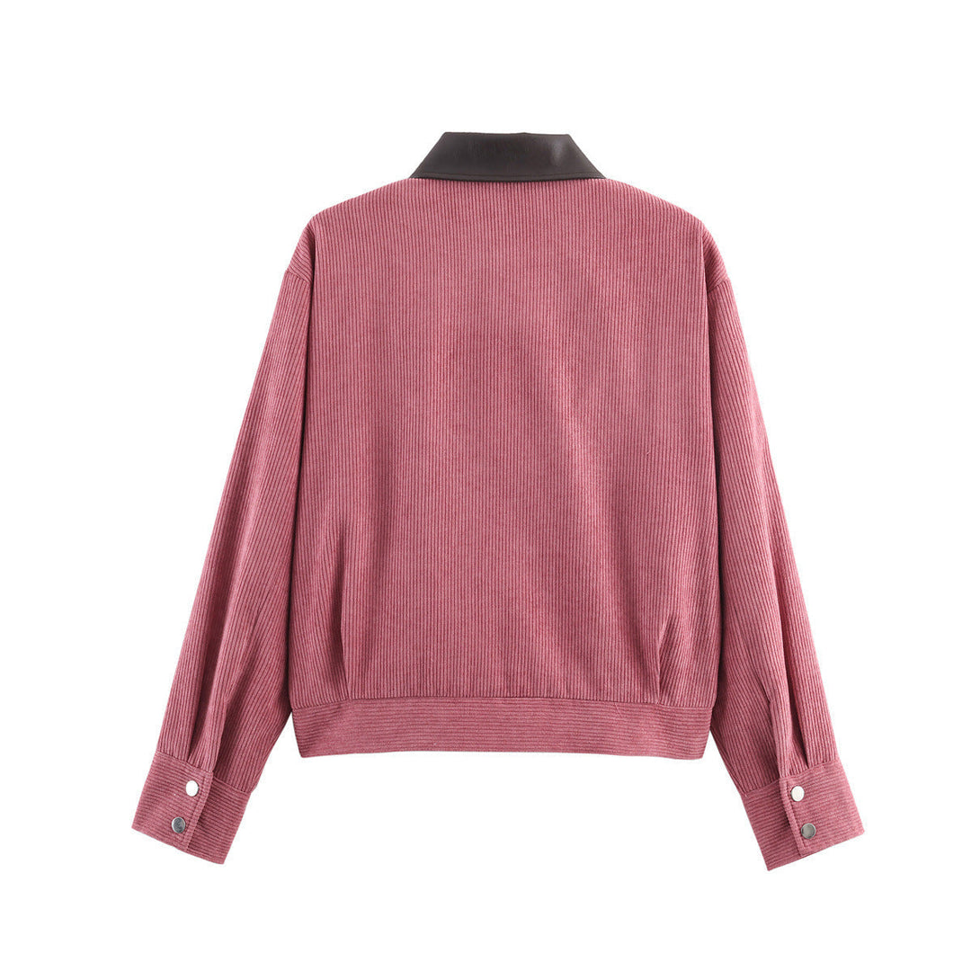 Women Ribbed Structure Short Jacket with Faux Leather Collar and Flap Pockets