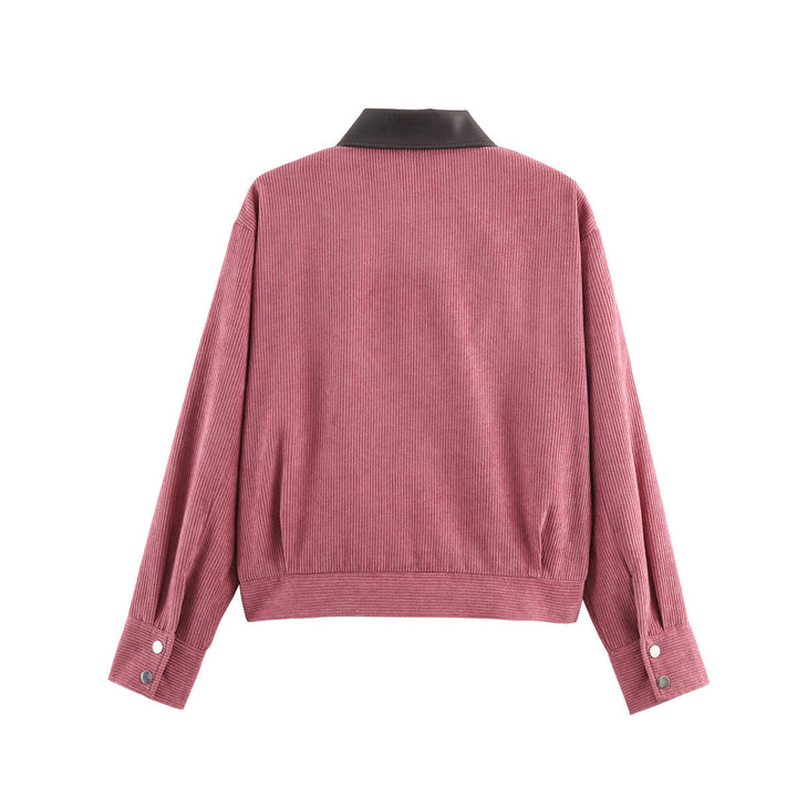 Women Ribbed Structure Short Jacket with Faux Leather Collar and Flap Pockets
