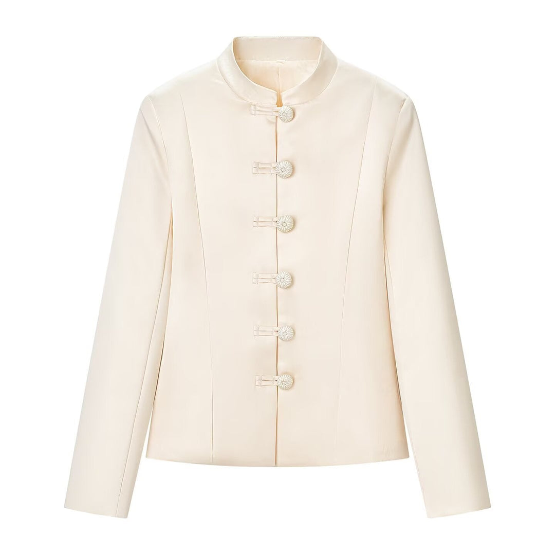 Women Tailored Short Jacket with Stand-up Collar and Decorative Toggle Closures
