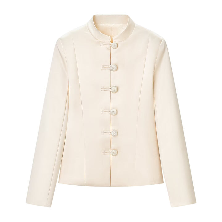 Women Tailored Short Jacket with Stand-up Collar and Decorative Toggle Closures