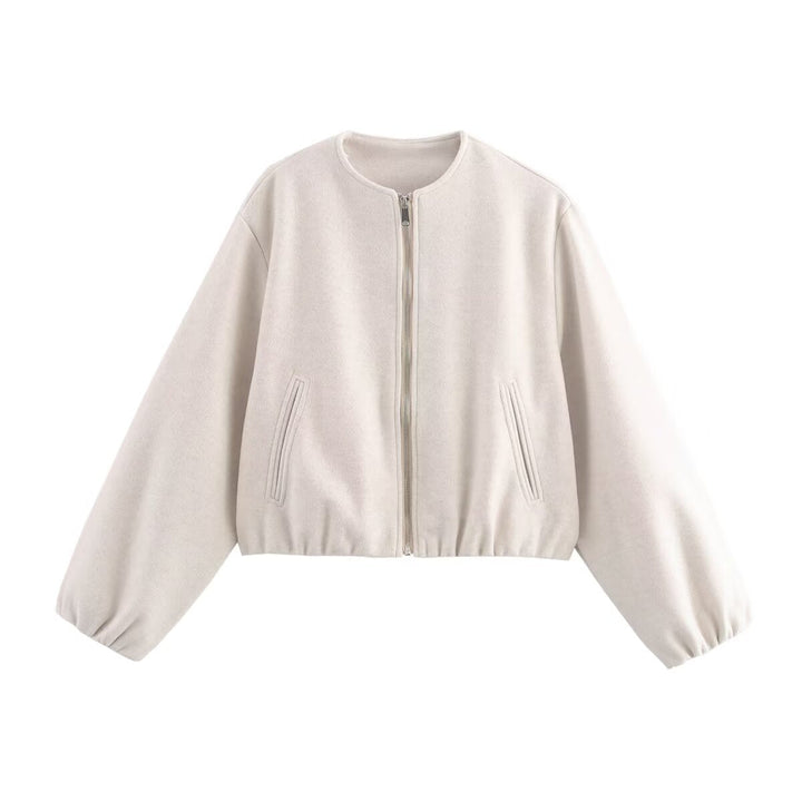 Women Short Wool Look Cropped Jacket with Zip, Round Neck and Balloon Sleeves