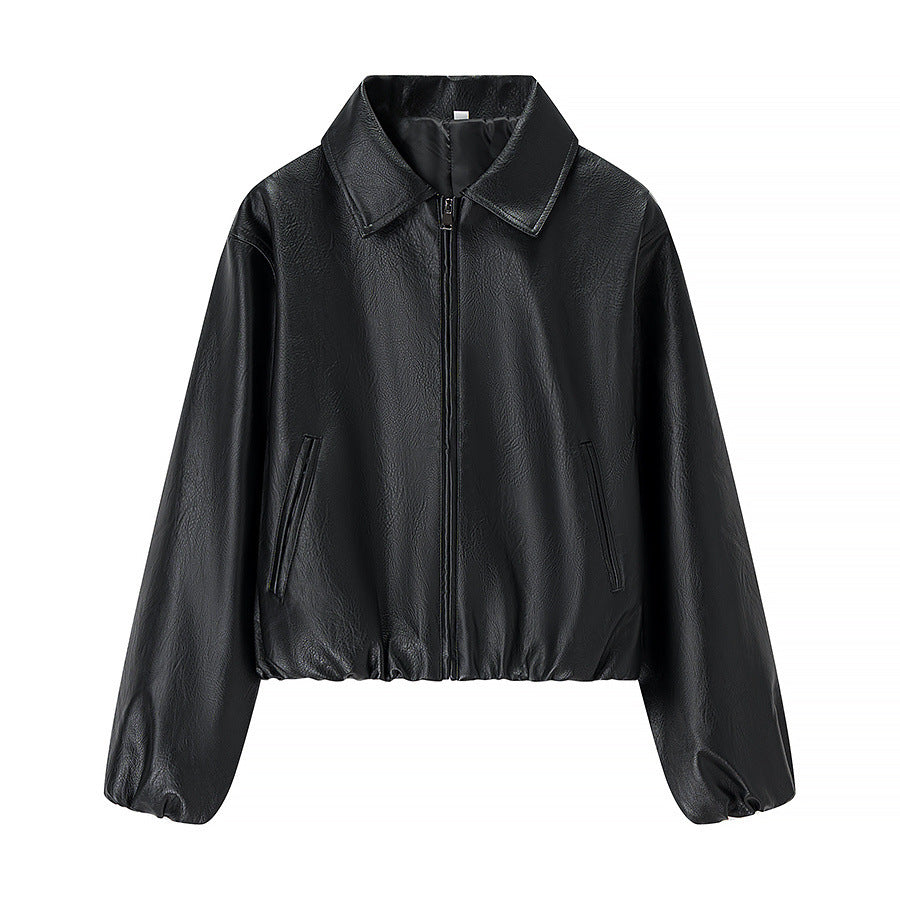 Women short cut leather imitation blouson with zip and elastic hem