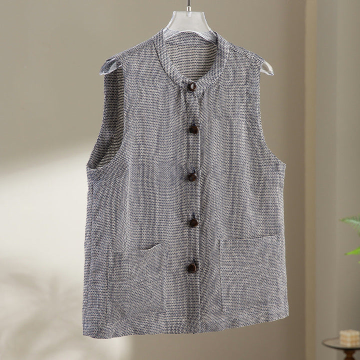 Women Sleeveless Textured Knit Vest with Round Neckline, Button Placket and Patch Pockets