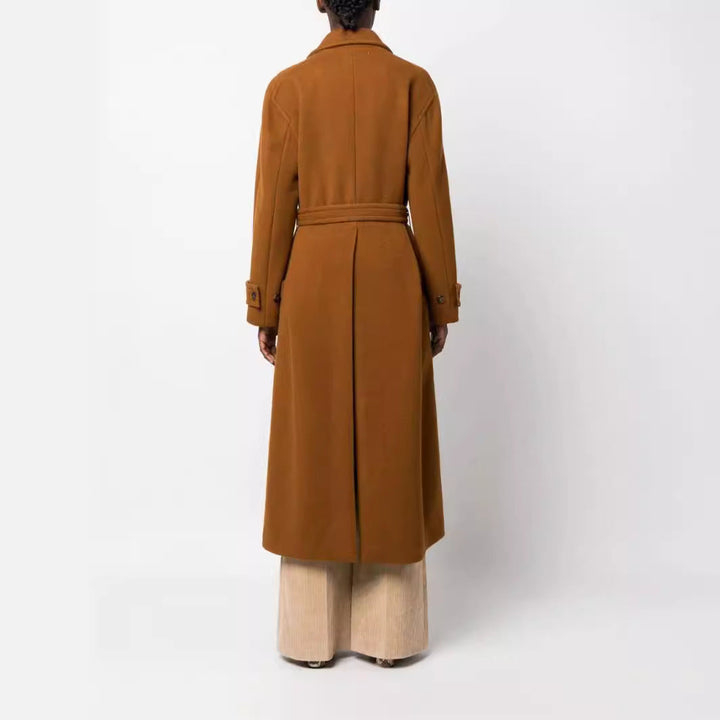 Women Maxilength Double-breasted Wool Blend Coat with Satin Ribbon Waist Belt and Rolled-up Sleeves