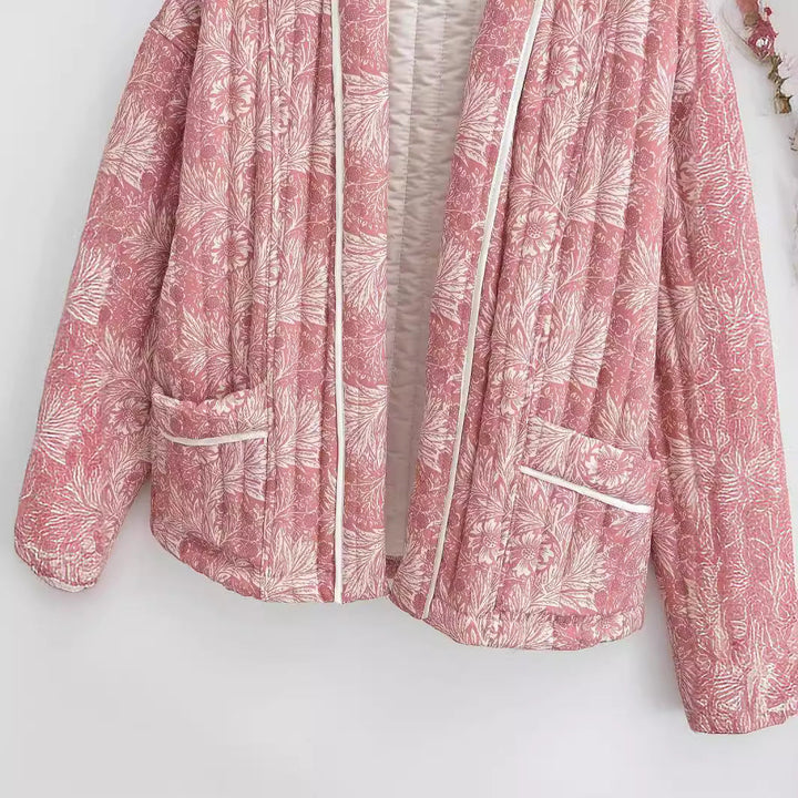 Women Light Quilted Jacket in Kimono Style with Floral Block Print and Contrast Piping