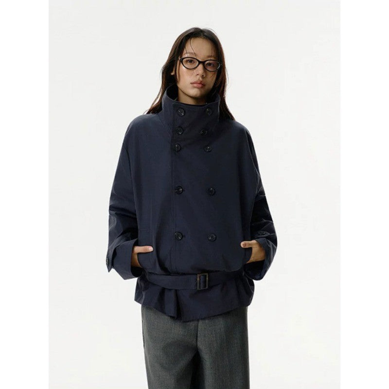 Women Short Jacket in Trench Style with Double-Breasted Button Placket, Waist Belt, and Stand-Up Collar