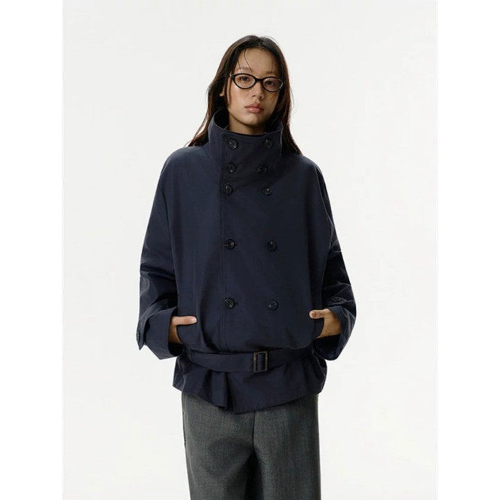 Women Short Jacket in Trench Style with Double-Breasted Button Placket, Waist Belt, and Stand-Up Collar
