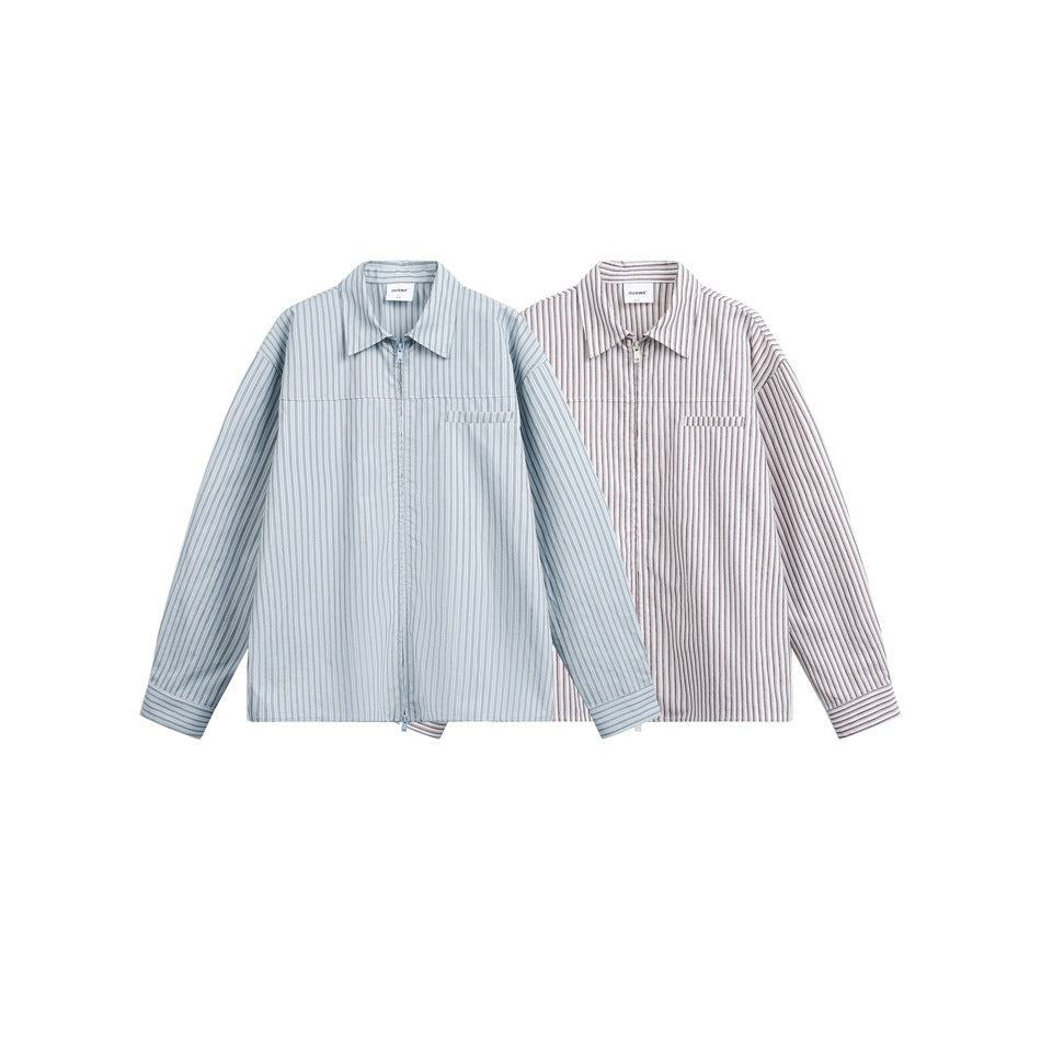 Unisex Lightweight Striped Shirt Jacket with Continuous Zip and Chest Piped Pocket