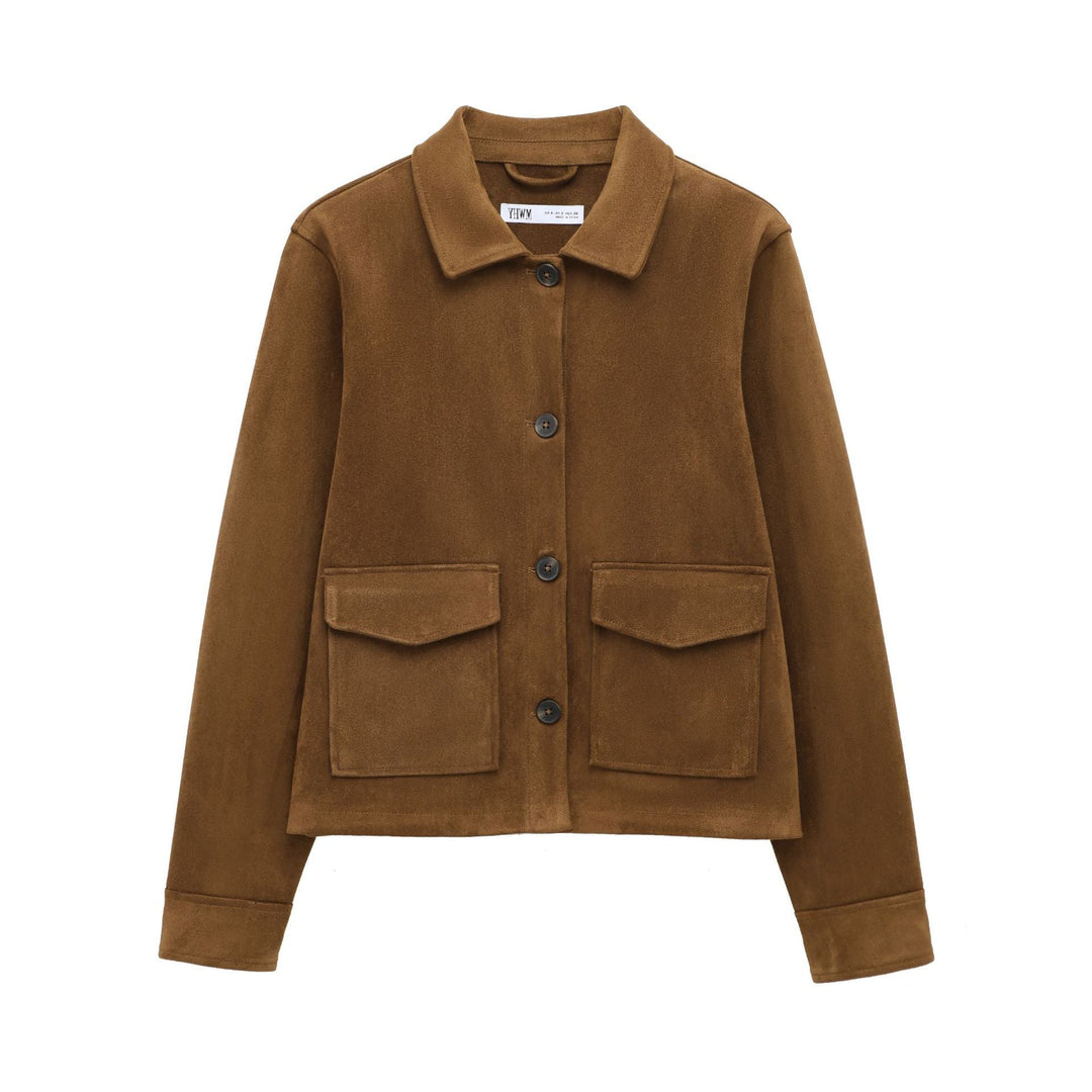 Ladies Short Suede Look Jacket with Flap Pockets