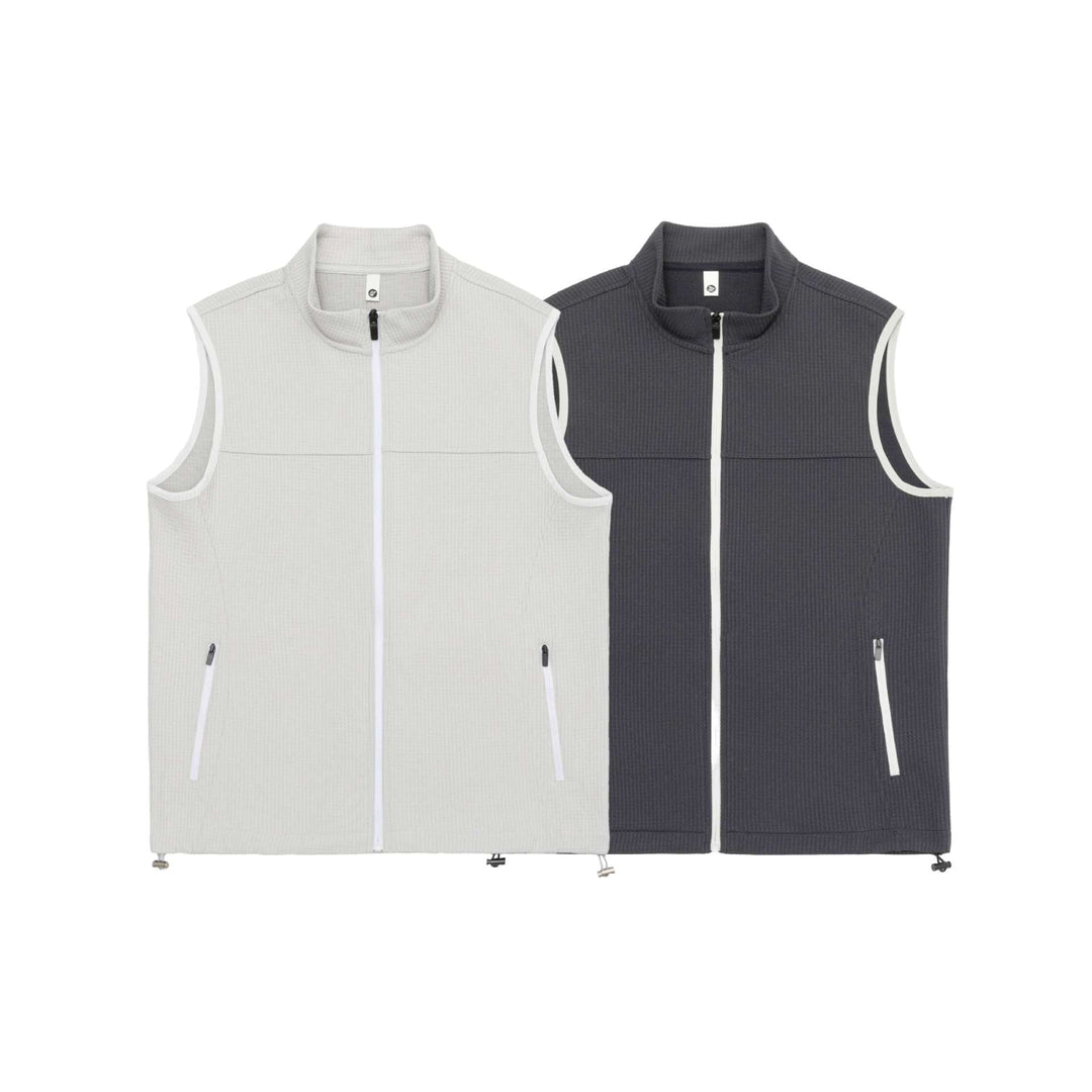 Unisex waffle-structured outdoor vest with stand-up collar, full-length zip, and drawstring hem