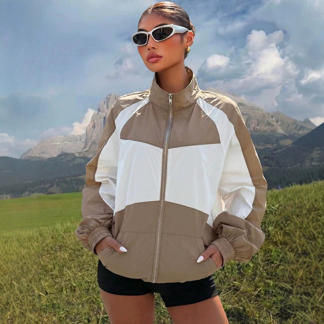Women Lightweight color Block Windbreaker with Stand-Up Collar and Zip Closure