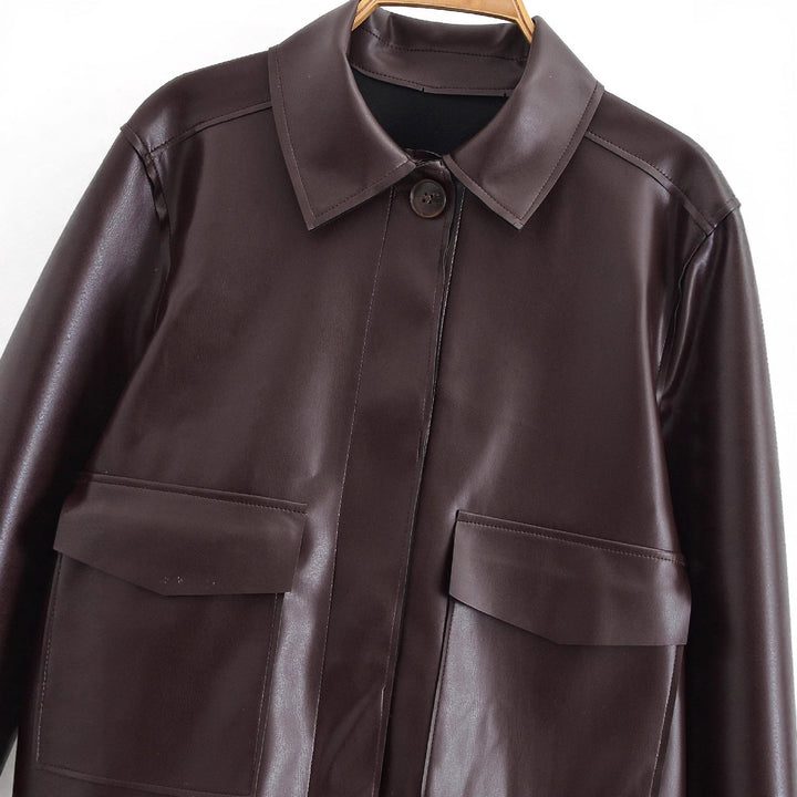 Women Short Boxy Leather-Look Jacket with Flap Pockets and Shirt Collar