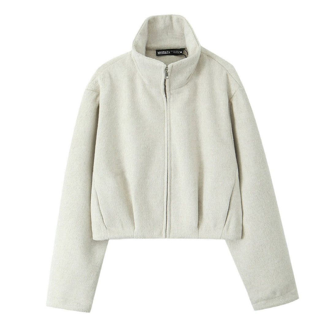Women Boxy Fleece Jacket with Stand-up Collar and Concealed Zip