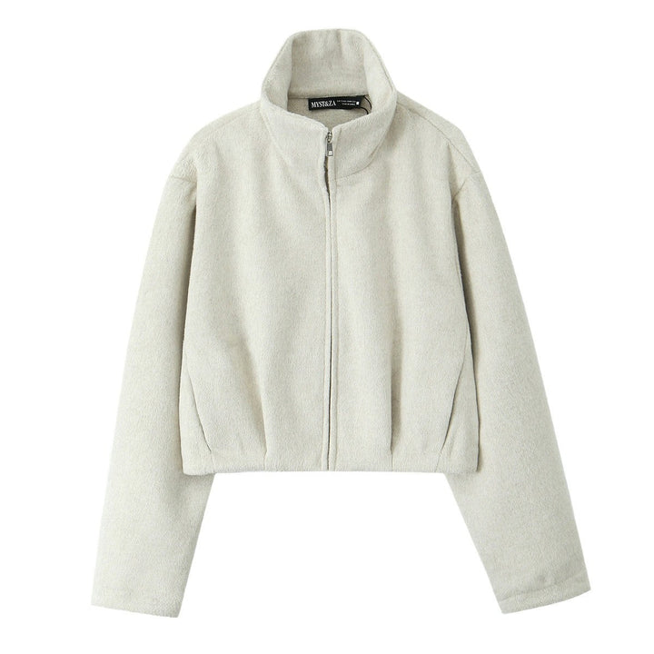 Women Boxy Fleece Jacket with Stand-up Collar and Concealed Zip