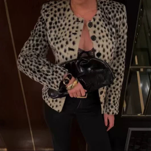 Women Short Faux Fur Jacket with Leopard Print and Round Neck