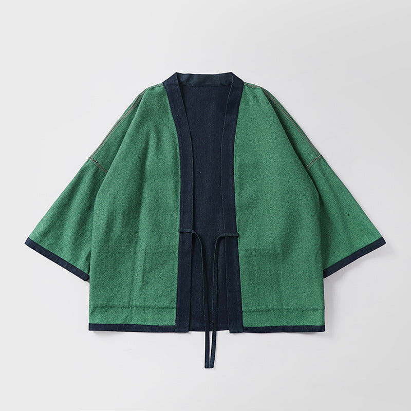 Unisex loose-fitting kimono jacket made of cotton denim with tie and large patch pockets