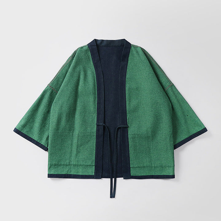 Unisex loose-fitting kimono jacket made of cotton denim with tie and large patch pockets