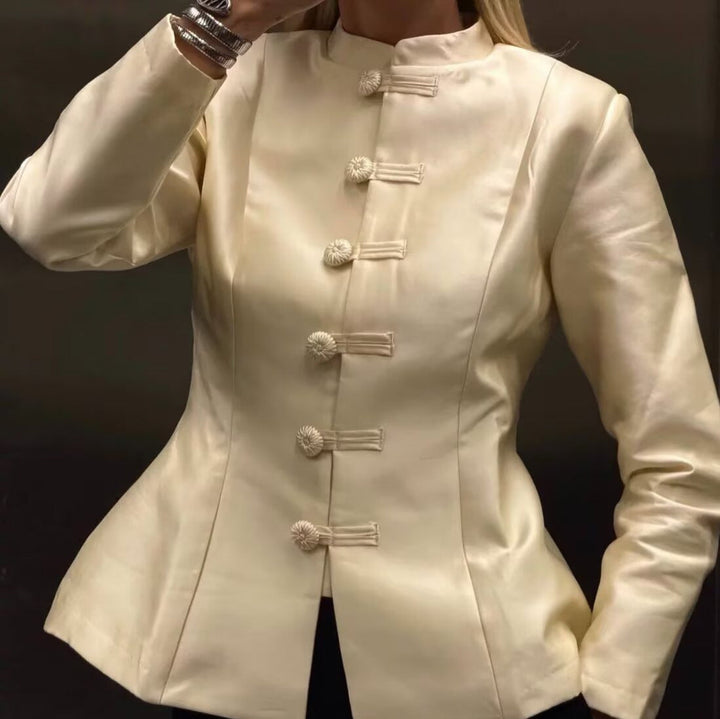 Women Tailored Short Jacket with Stand-up Collar and Decorative Toggle Closures