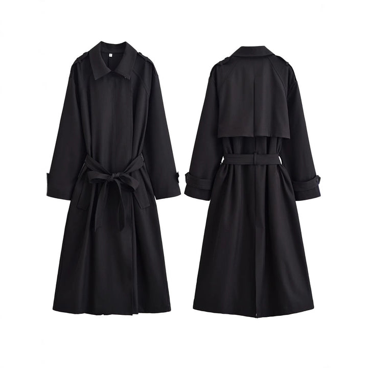 Ladies longer waist-adjustable trench coat with tie belt and epaulettes