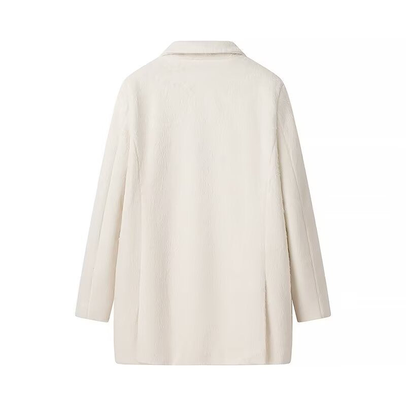 Women Padded Oversized Blazer Coat with Lapel Collar and Patch Pockets