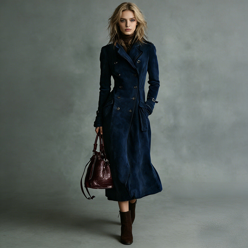 Women Longer Tailored Trench Coat in Suede Look with Double-Breasted Button Placket and Buckle Cuffs