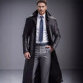 Men's long leather Coat in Trench style with Slim silhouette and collar