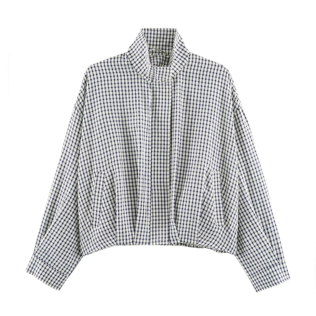 Women Oversize Checkered Blouson Jacket with Stand-up Collar