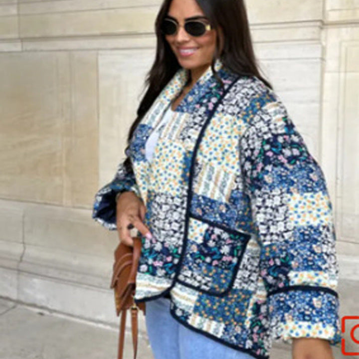 Ladies Quilted Patchwork Jacket with Contrast Piping and Patch Pockets