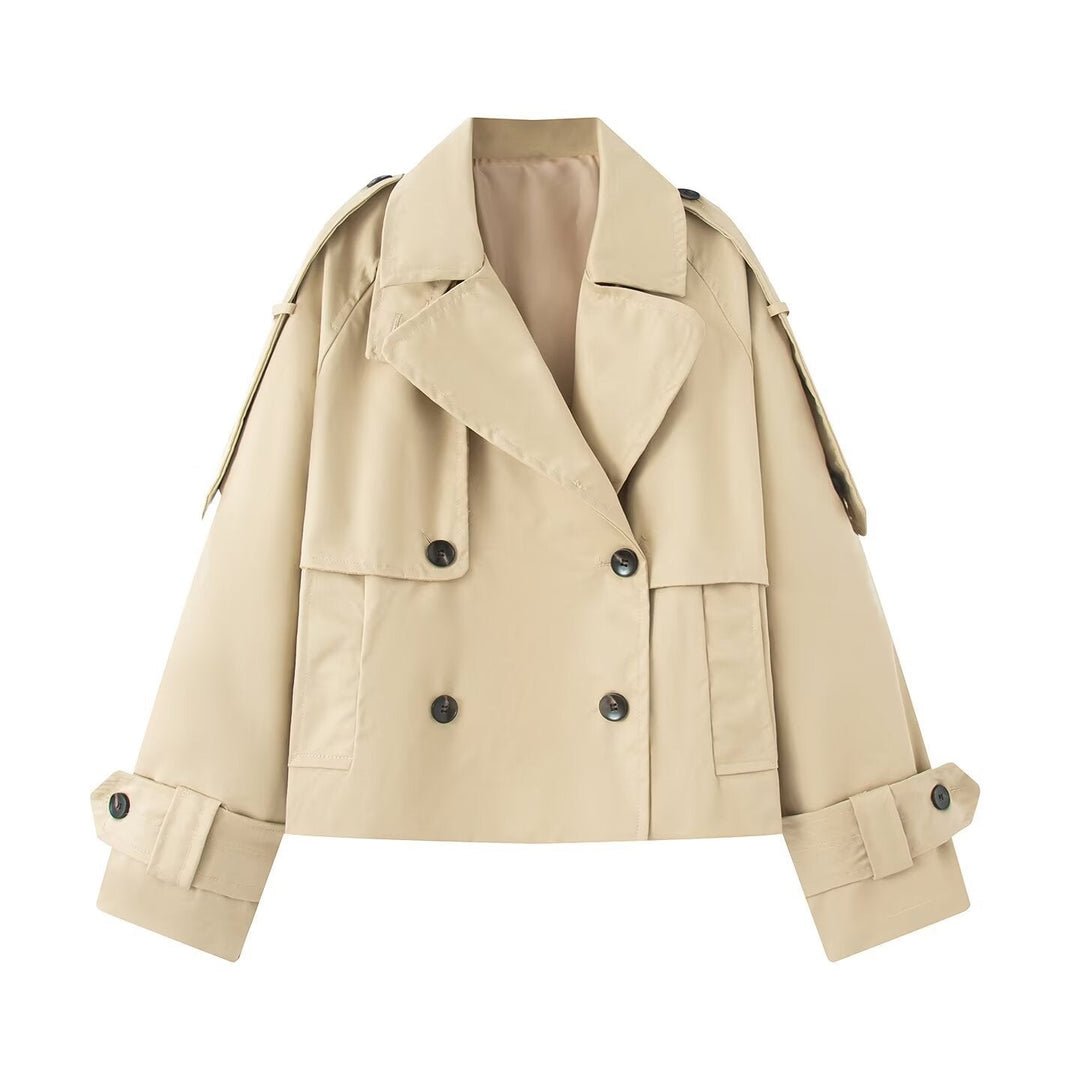 Women Short Cut Cropped Trench Coat with Double-Breasted Button Closure and Epaulets