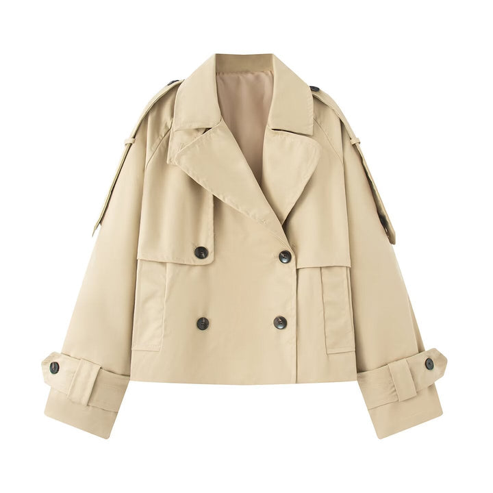 Women Short Cut Cropped Trench Coat with Double-Breasted Button Closure and Epaulets