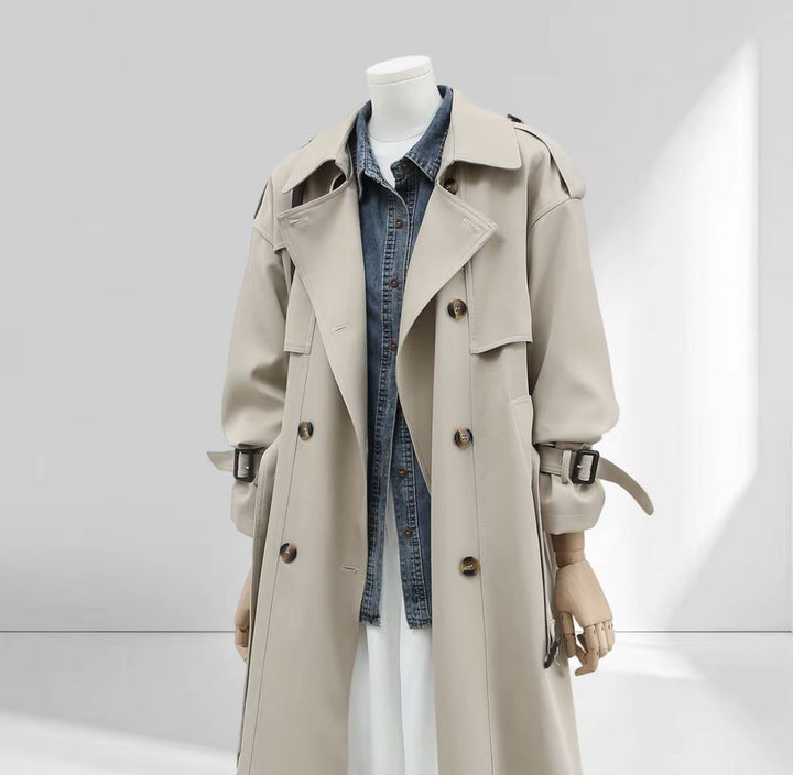 Women Long Trench Coat with High Collar, Double Storm Flap and Adjustable Cuffs