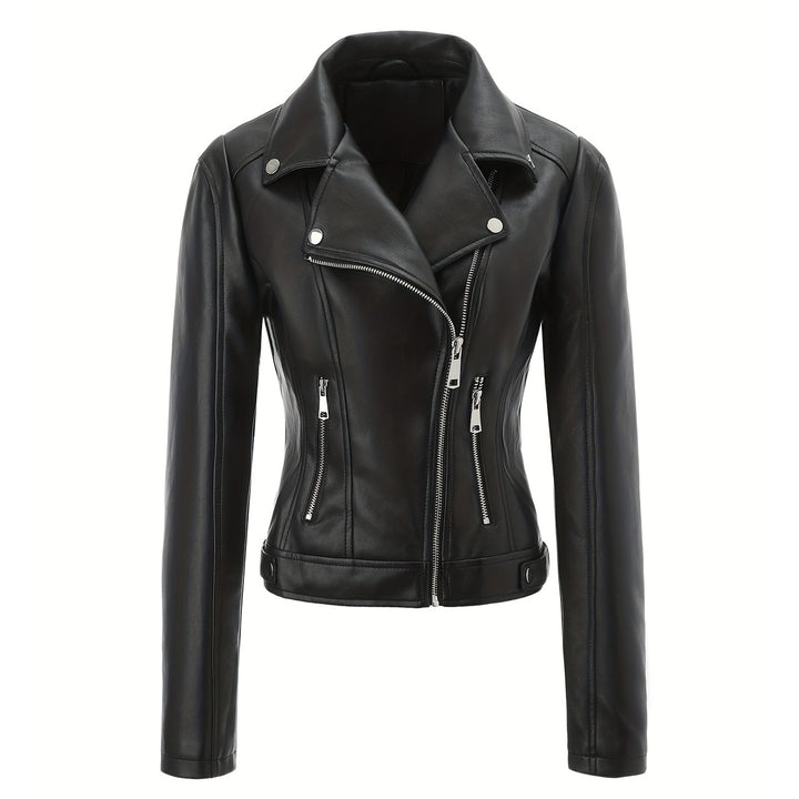 Women Tailored Biker Jacket in Leather Look with Asymmetrical Zip and Decorative Seams