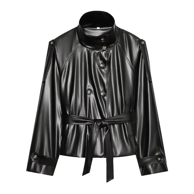 Women tailored faux leather jacket with stand-up collar, tie belt and double-breasted button placket
