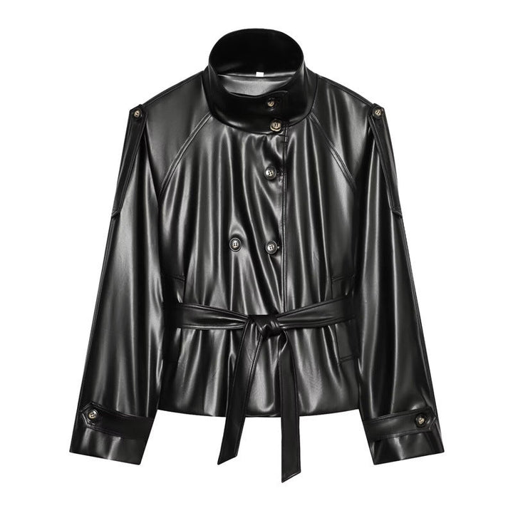 Women tailored faux leather jacket with stand-up collar, tie belt and double-breasted button placket