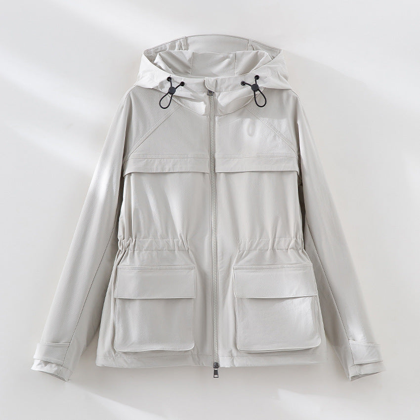 Women Lightweight Functional Utility Jacket with Hood, Drawstring Waist and Patch Flap Pockets