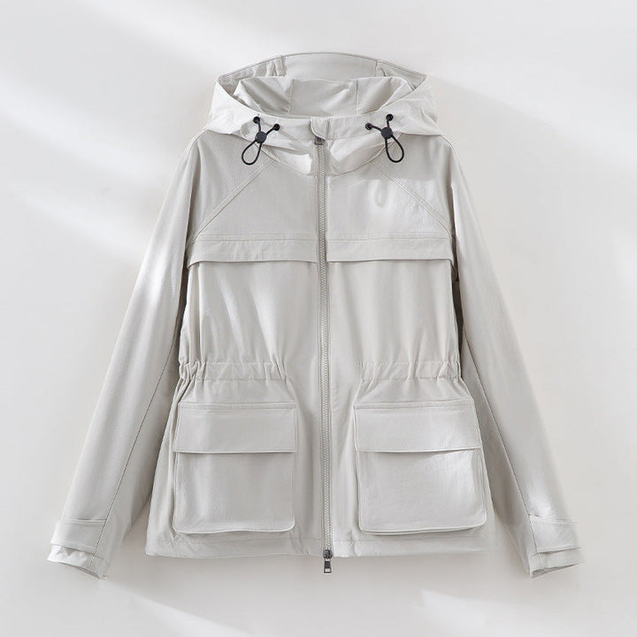 Women Lightweight Functional Utility Jacket with Hood, Drawstring Waist and Patch Flap Pockets