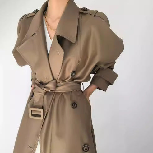 Women Fashionable Faux Leather Trench Coat
