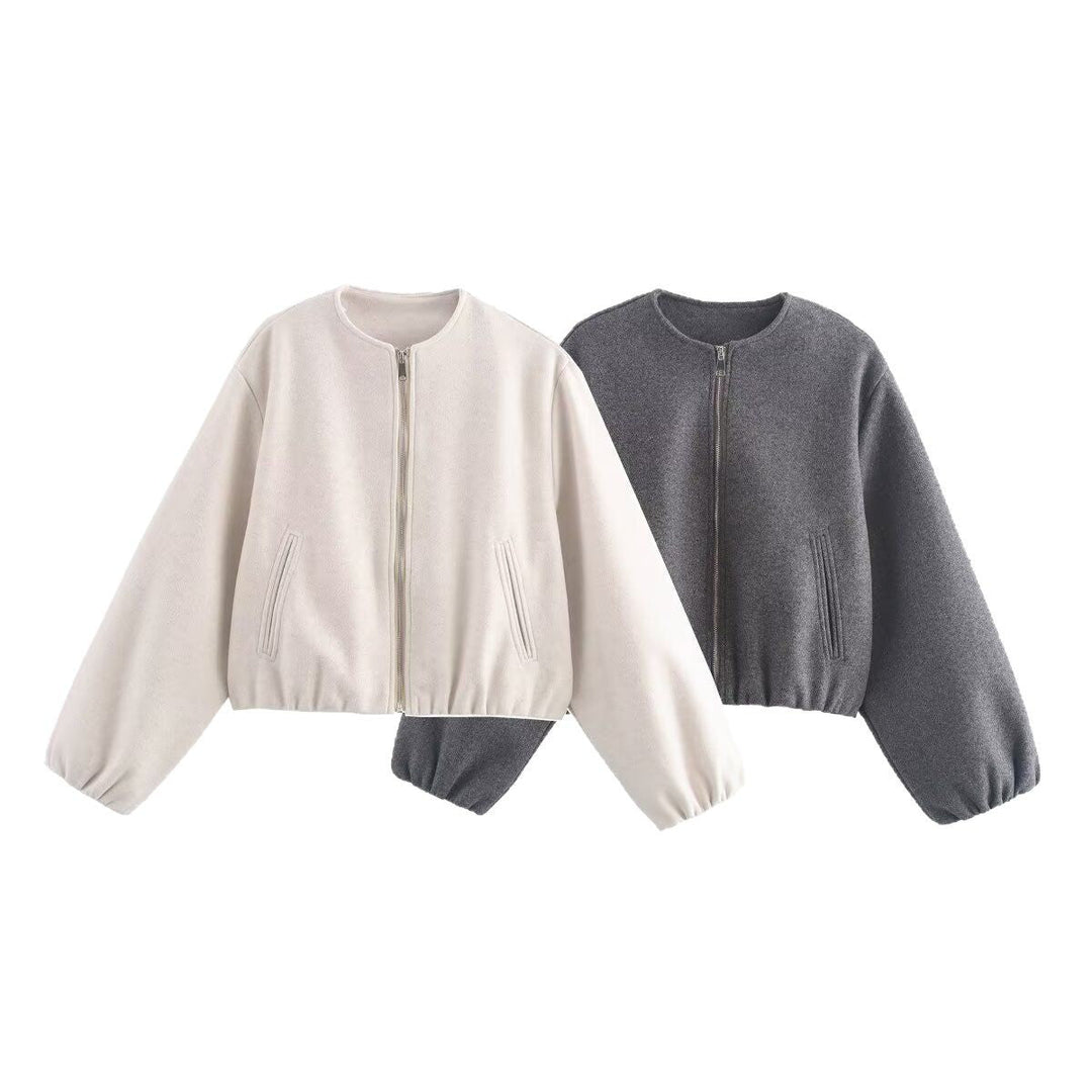 Women Short Wool Look Cropped Jacket with Zip, Round Neck and Balloon Sleeves