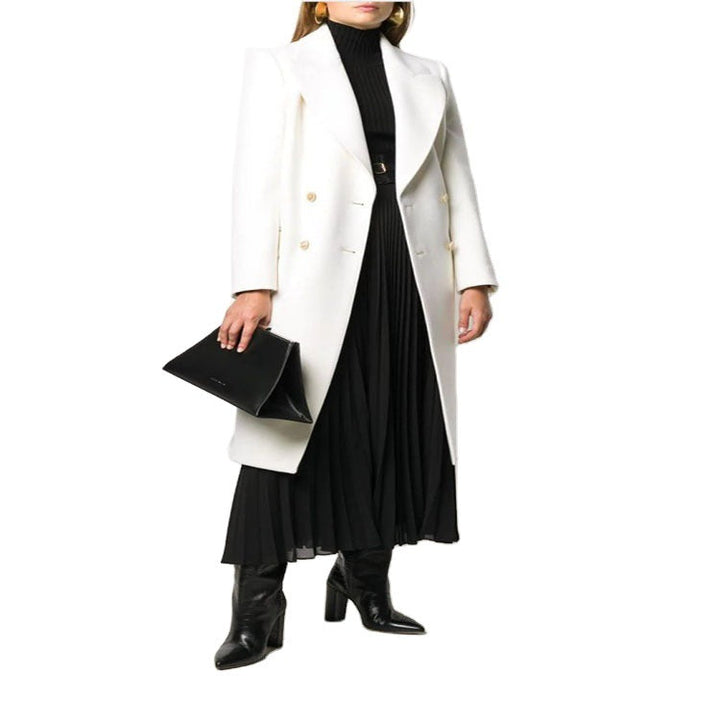 Women Slim Double-Breasted Wool Blend Long Coat with Shawl Collar, Gold Button Detail and Flap Pockets