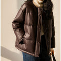 Women short cut padded faux leather jacket with round hem and snap-button placket
