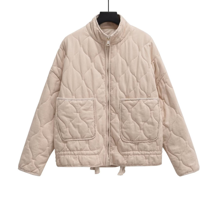 Women’s quilted jacket with stand-up collar, cushion quilting and drawstring