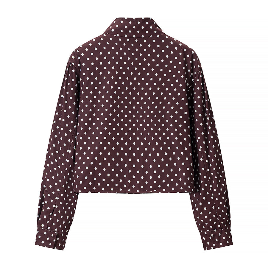 Women Polka Dot Short Jacket with Stand Collar and Concealed Snap Button Placket