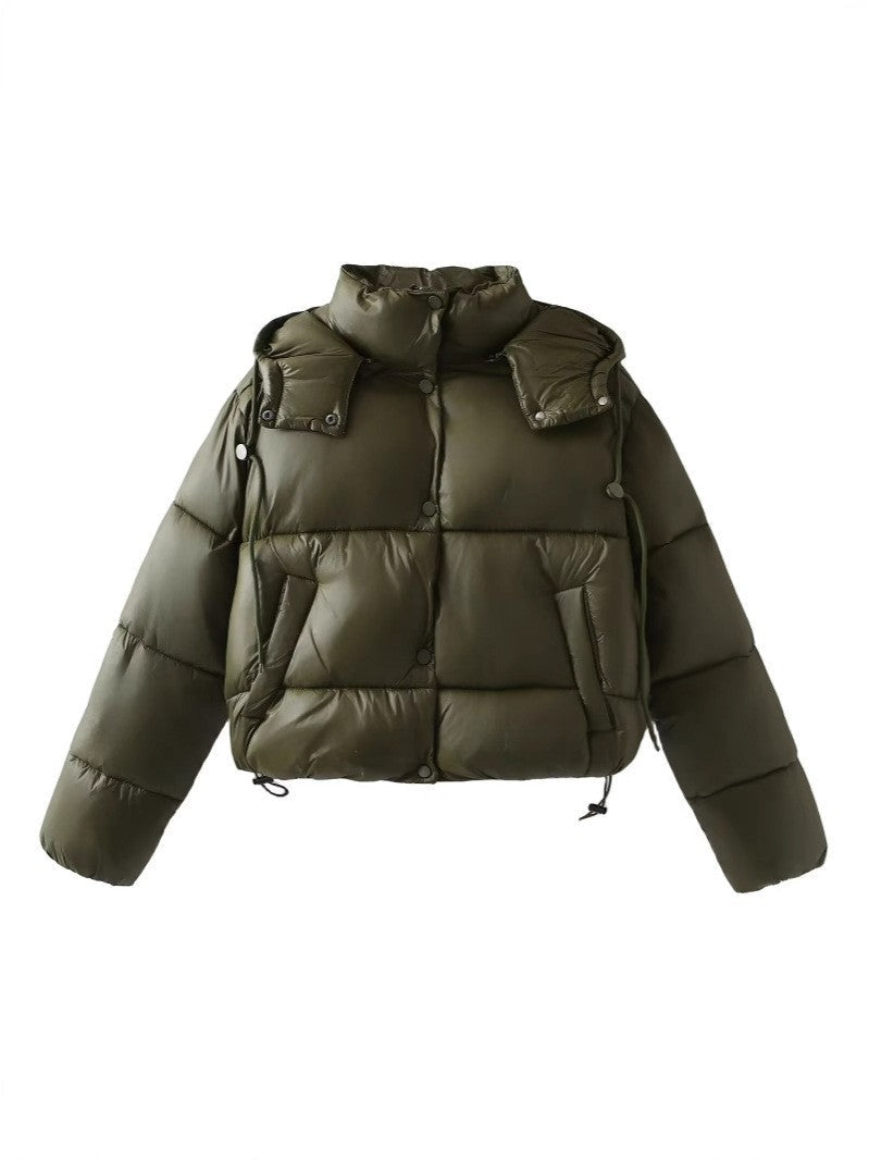 Women Shiny Cropped Puffer Jacket with Drawstring and Snap Button Placket