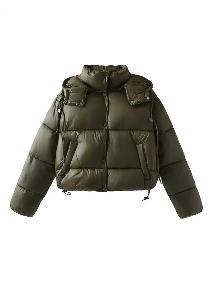 Women Shiny Cropped Puffer Jacket with Drawstring and Snap Button Placket