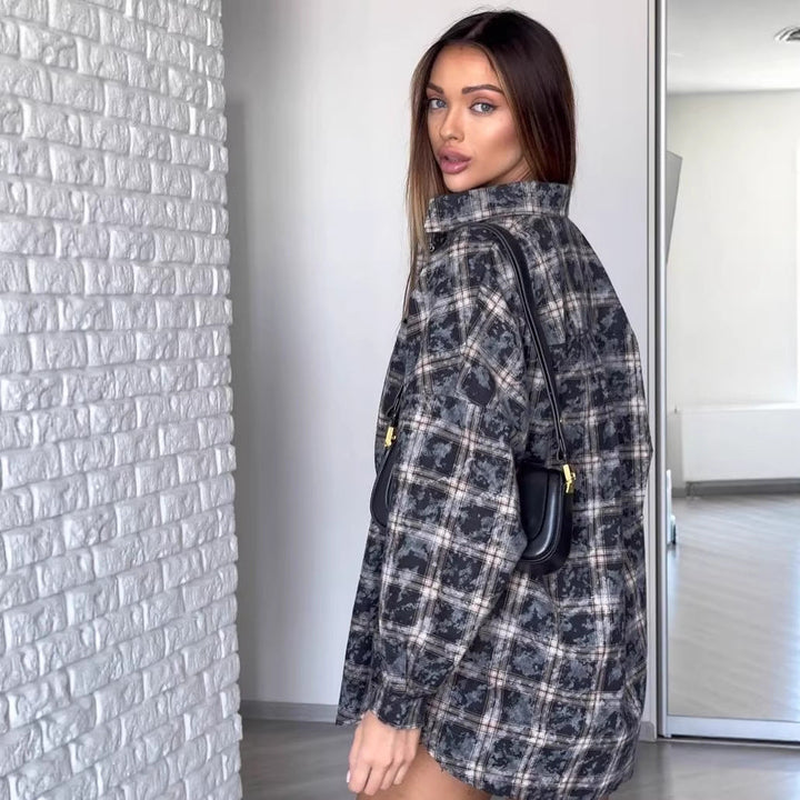 Women Oversized Checked Shacket-Shirt Jacket with Snap Button Closure and Rounded Hem