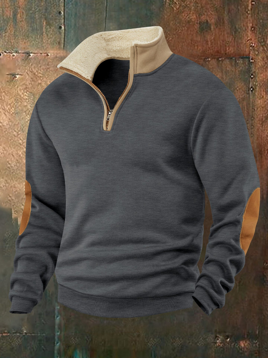 Men Nan Fleece Half-Zip Pullover with Sherpa Collar and Elbow Patches
