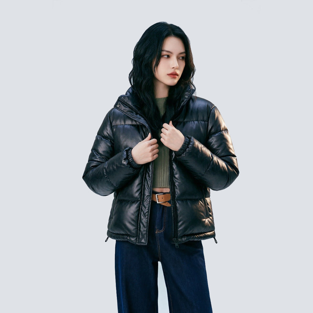 Women Short Cut Quilted Faux Leather Padded Jacket with High Standing Collar