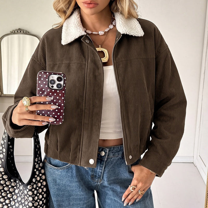 Women Short Cut Cord Jacket with Teddy Lining and Sheep Collar