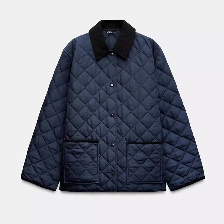 Women Lightweight Quilted Transitional Jacket in Oversized Cocoon with Cord Collar
