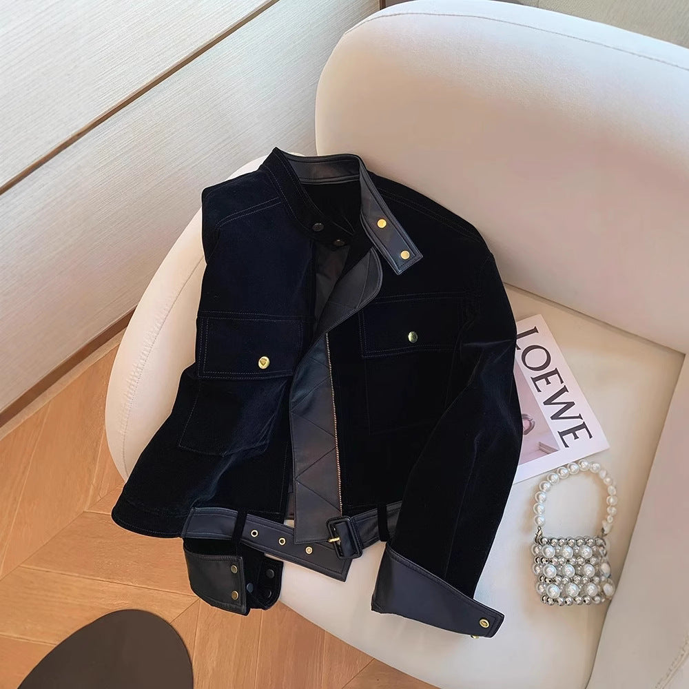 Ladies Stylish Velvety Transitional Jacket with Leather Accents